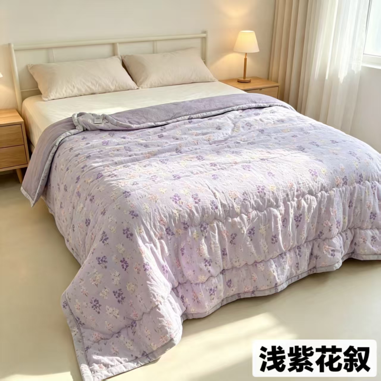 Pale-purple floral quilt with a crinkle-textured surface, shown in the original catalogue photograph